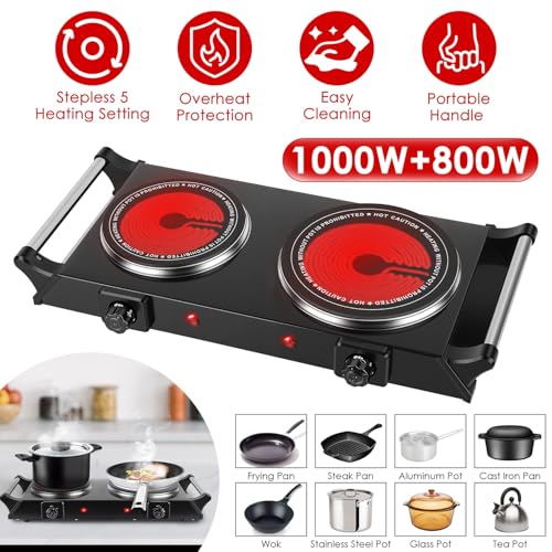 Image of 1800W Electric Double Hot Plates Dual Control Infrared Burner | Ceramic Countertop Cooktop Portable Stove with 5 Temperature Stepless Adjustments Portable Handles for Kitchen RV