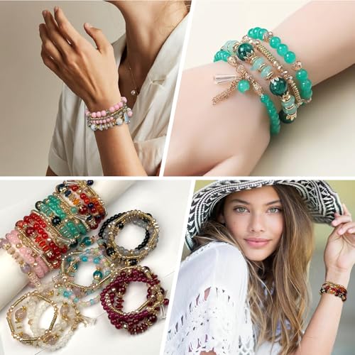 APMGONT Boho Kristall Perlen Armband, 4 Stück Boho Quaste Armbänder für Damen, Natürliches Kristall Heilsteine Armband, Statement Armreifen für Weihnachten, Valentinstag, Geburtstag (Beige)