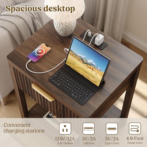 Night Stand Set 2, Fluted Wood Nightstands w/Charging Station for Bedroom - Image 4