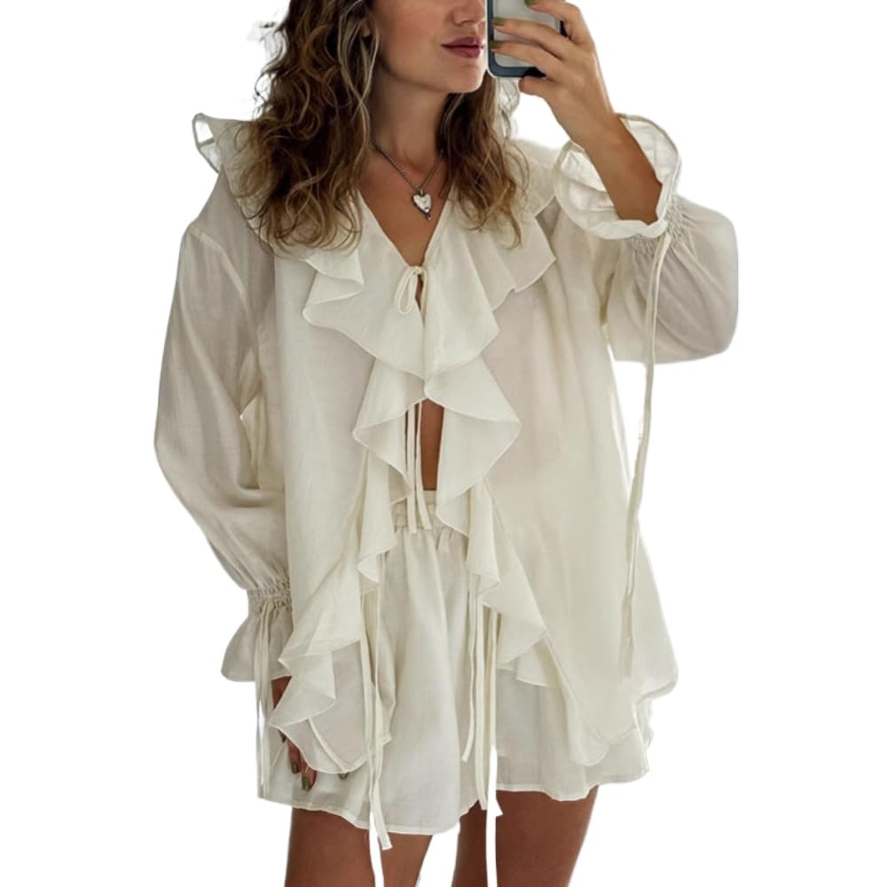 Women Coquette 2 Piece Short Sets Ruffle Tie Front Blouse Dressy Casual and Shorts Tunic Top Summer Aesthetic