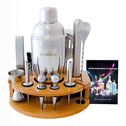 Cocktail Shaker Set Bartender Kit with stand - Premium Stainless Steel Set With Bamboo Stand - Home Bar And Barware Essentials Accessories Kit –Mixology Starter Tools with Cocktails Recipes