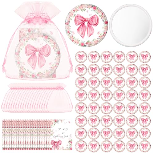 Namalu 48 Sets Coquette Pink Bow Party Favors Compact Mirror Bulk Pink Bow Gift Bag and Thank You Cards Bags for Baby Shower Bridal Wedding Guest Appreciation Gifts Gender Reveal