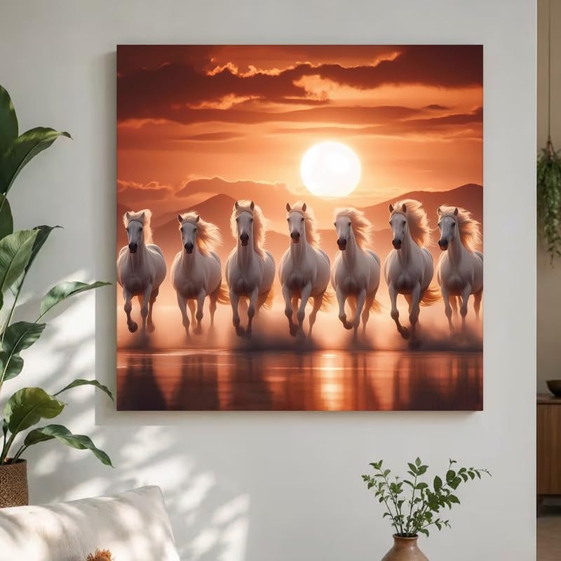 Image of PAINTINGMANTRA 7 White Running Horses Vastu Stretched Canvas Painting for Living Room, Seven Running Horses Canvas Wall Art Painting For Bed Room, Home & Office, 22x22 Inch