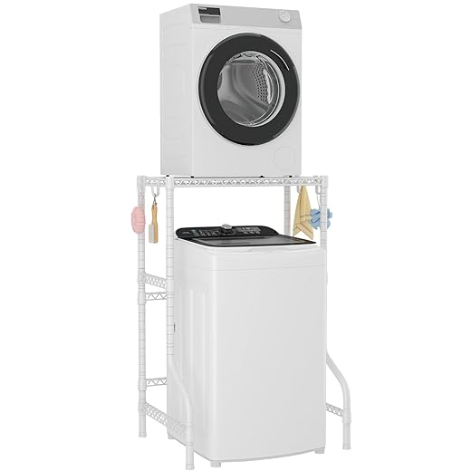 U16 Over Washer Dryer Stacking Rack for Narrow Small Laundry Room and Bathroom, Metal and Heavy-Duty Washer and Dryer Storage Shelves for Saving Space, 29.5" W x 23.6" D x 53.1" H, White