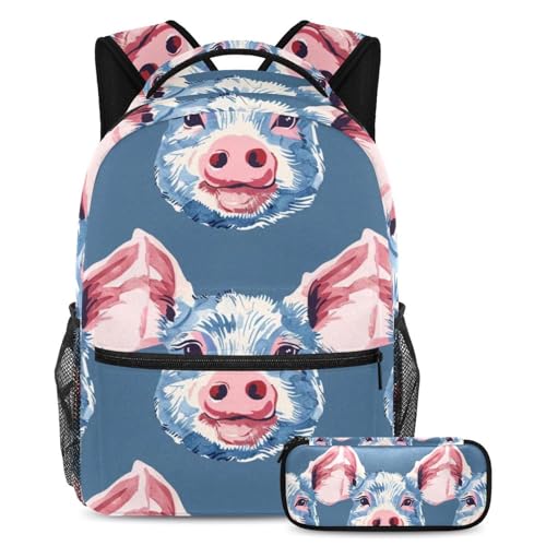 Cartables de grande capacité avec trousse motif cochon bleu pour transporter toutes les affaires de classe