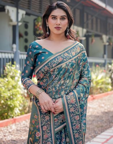 Image of SIRIL Women's Cotton Linen Printed Handloom Saree with Unstitched Blouse Piece