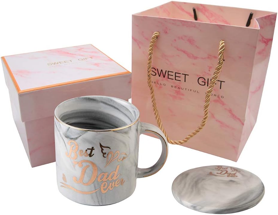 Best Dad Ever Mug - Grey Marble Ceramic Coffee Cup 11.5oz and Coasters