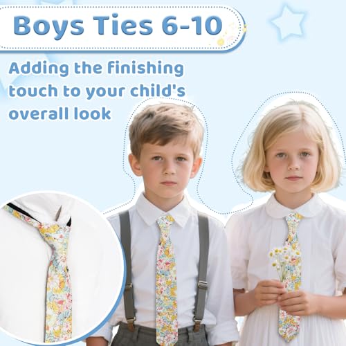 Boys Zipper Floral Tie for Kids 14" Pre-Tied Cotton Tie Linen Adjustable Necktie for Wedding Graduation Daily4