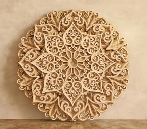 Image of American Elm Wooden Multilayer Mandala Flower 3D Layered Wall Art Decor - MDF Mandala Cutout - Decorative Wooden Mandala Art for Home and Office (18x18 Inch)