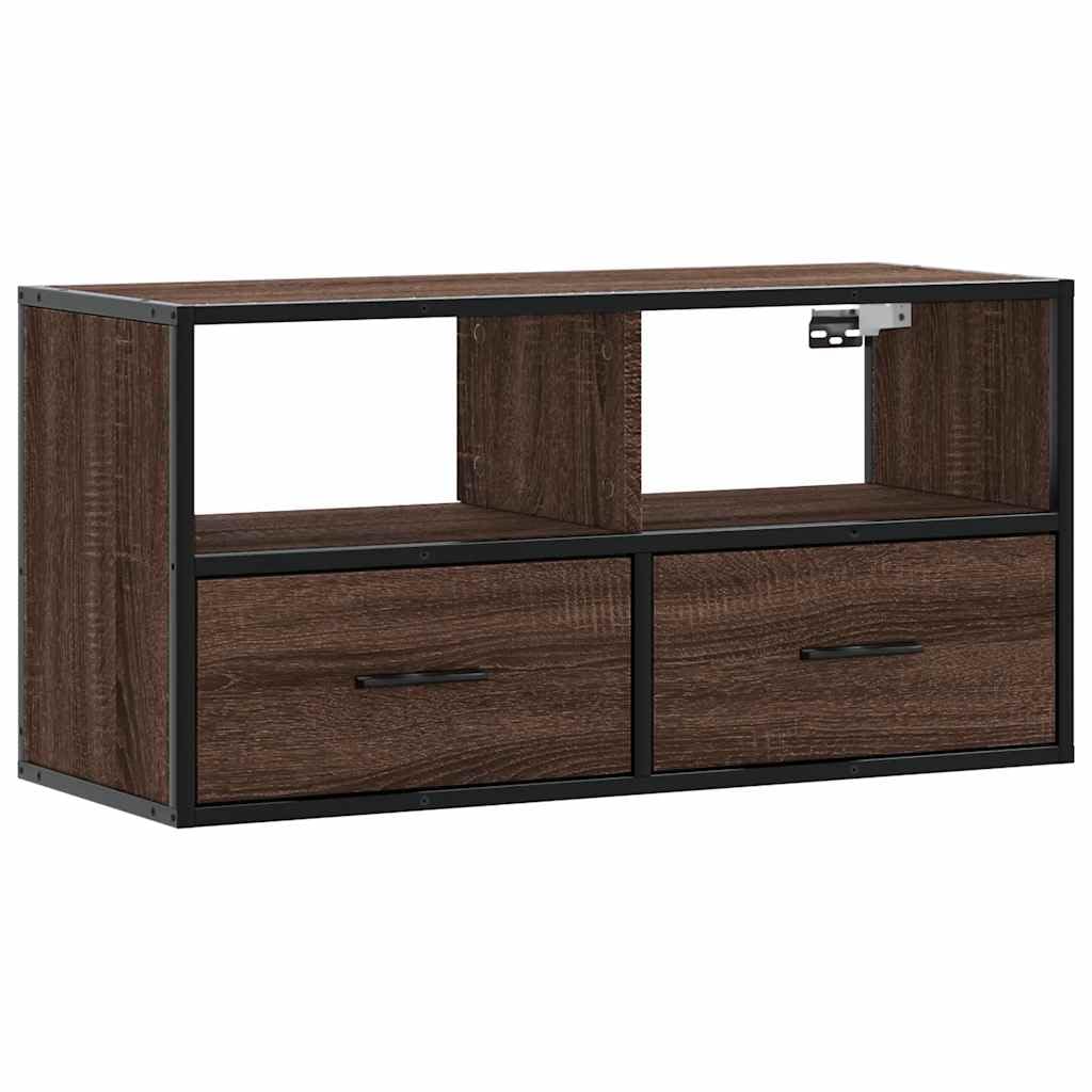 YUANCHUTOP Small Floating TV Unit Stand 80cm, Wall Mounted Media Console with 2 Drawers & Storage Shelf, Industrial Style Hanging Wall Cabinet, Brown+Oak