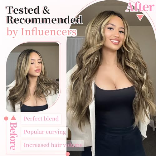 Image of KooKaStyle Wavy Thick Hair Extensions 24 inch Medium Brown Ash Blonde | 4 Pieces Clip in Extensions,Fiber Double Weft Hairpieces,Natural Volume,Wave Long Synthetic Highlight Hairpieces for Women