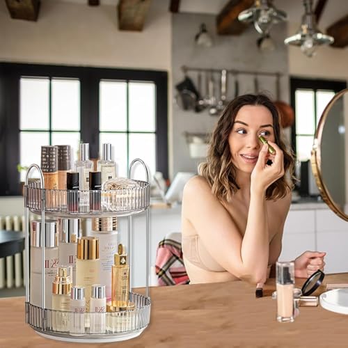 Image of Lazer 360 Rotating Makeup Organizer - 2 Tier Grey Vanity Storage for Dressing Table, Lipsticks, Nail Polishes, Skincare, Perfume & Cosmetics (High Capacity Clear Display)