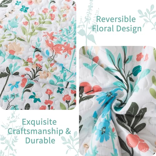 VAPUTAR Queen Quilt Bedding Set-3 Pieces Botanical Quilt Queen Size (90 x 98 inch), Reversible Queen Coverlet with Garden Style Floral Pattern, Bedspread Queen Size Suitalble for All Season.