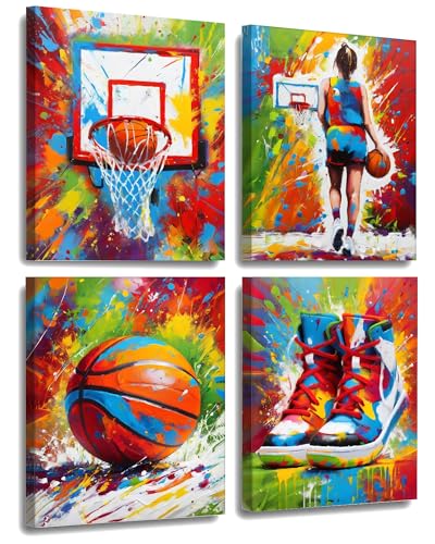 Image of Frimeeme Framed Graffiti Girls Basketball Canvas Wall Art, 4pcs 8x10 In