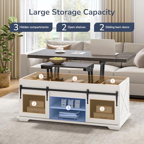 Image of BELLEZE Lift Top Coffee Table, 44 inch Farmhouse Table with Storage & Sliding Barn Doors, 3 in 1 Multi-Function Coffee Table for Living Room, Dining Reception Room, Lawson - White Sand