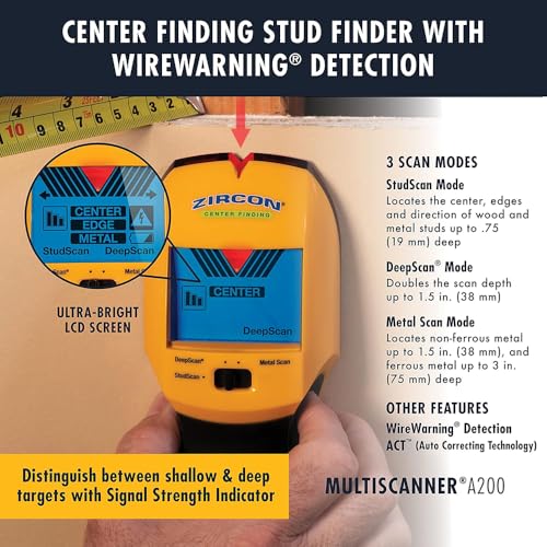 Image of Zircon MultiScanner A200 with Bonus Mini Pocket Level - Electronic Wall Scanner Stud Finder & Metal Detector with Live AC Wire Detection, SpotLite Pointer, ACT Auto-Correcting Technology