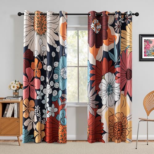 Image of MYSKY HOME Boho Floral Blackout Curtains 84 inch Long for Living Room Thermal Insulated Privacy Protect Noise Reduction Black Out Flower Pattern Grommet Drapes for Dining Room Bedroom, 2 Pcs, 52 inch Wide