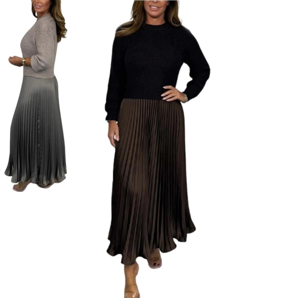Lockenstab Women's Solid Color Long Sleeve Jumper & Pleated Bottom Dress Fashion Sweatshirt Top and(Brown,Medium)