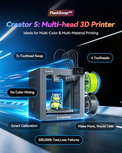 Image of FLASHFORGE Creator 5 4-Toolheads Multi Color 3D Printer with Camera & Light | Support 4 Colors /Multi Material, Less Waste, CoreXY 600mm /s High Speed, Auto Bed Leveling,320C Direct Extruder,256X256X256mm