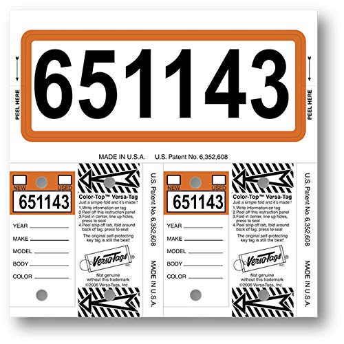 Orange Color TOP Blank Custom UP to 7 Numbers Letters CONSECU-TAG Versa Tags 2 Key Tags 1 Stock TAG Window WINDSHEILD Sticker CAR LOT AUTO Dealer