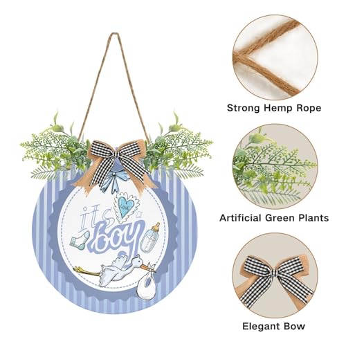 Image of Exnundod Welcome Door Sign It's A Boy Printed Wreath Door Hanger for Front Door Newborn Baby Stork Round Wreath Sign for Door Porch Wall Decor 12inch