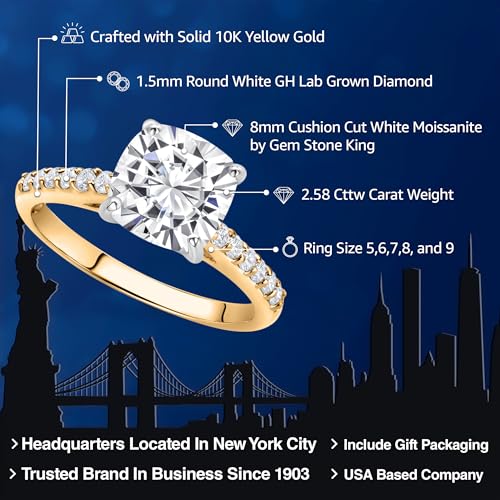 Gem Stone King 10K Yellow Gold 8MM Cushion Cut White Moissanite and White Lab Grown Diamond Engagement Ring For Women (2.58 Cttw, Available In Size 5, 6, 7, 8, 9)2