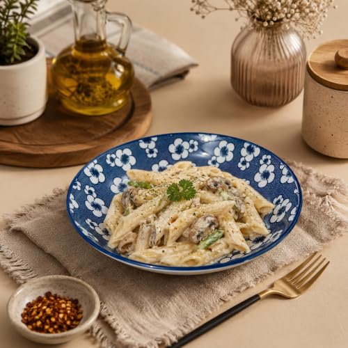 Image of Ceramic Dinner Plates Set of 2, 20.4 cm Round Plates with Blue Floral Pattern, Ceramic Serving Plates, Microwave & Dishwasher Safe for Dinner, Snacks & Desserts(Cherry Blossom Pattern, PACK OF 2)