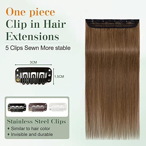 Image of Benehair One Piece Clip in Hair Extensions Human Hair Light Brown Hair Extensions Clip in Human Hair 20inch 3 /4 Full Head Straight Remy Human Hair 5 Clips
