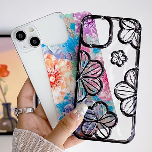 Image of mobistyle Designed for iPhone 14 Plus Cover| Electroplating TPU Bling Colourful 3D Floral Camera Protection Back Cover Case for Girls & Women (Black Electroplating Flowers)