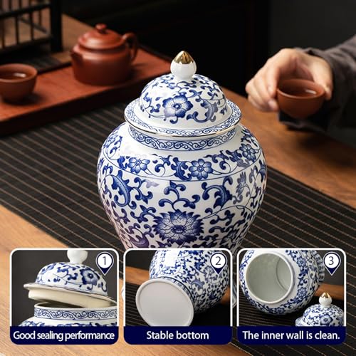 Tarros de jengibre azul y blanco de cerámica con tapa para decoración 5