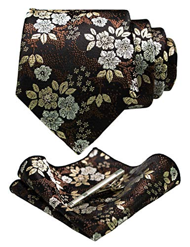 JEMYGINS Conjunto de Corbata con Flores y Pañuelo para Hombre con Pinza para Corbata Disponible Marrón/Marrón Oscuro