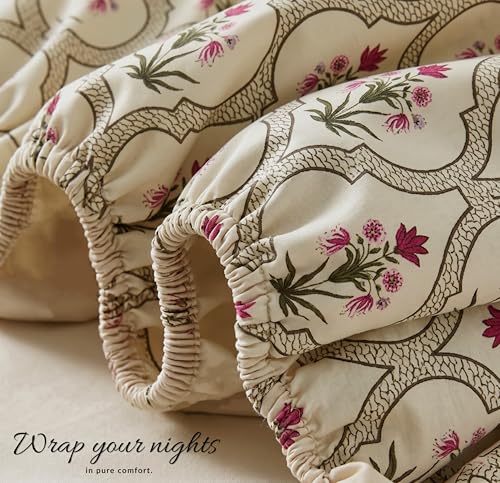 Image of BSB HOME 220 TC Cotton Fitted Single Bedsheet with 1 Pillow Cover, Soft Breathable, Elastic Fit, Fade Resistant, Easy Care - 36 x 72 + 6 Inches (Classic Floral Cream)
