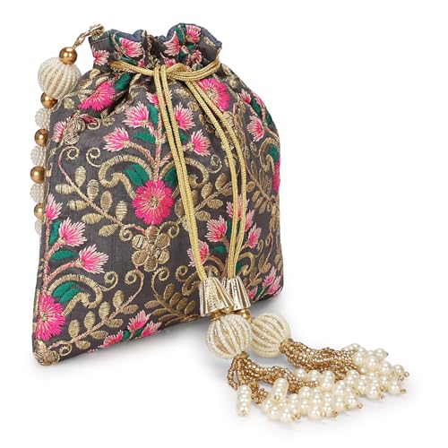 Image of LONGING TO BUY Indian Embroidered Pearl Potli Bag For Women, Sequence Design with Tassel, Wedding Potli Bags