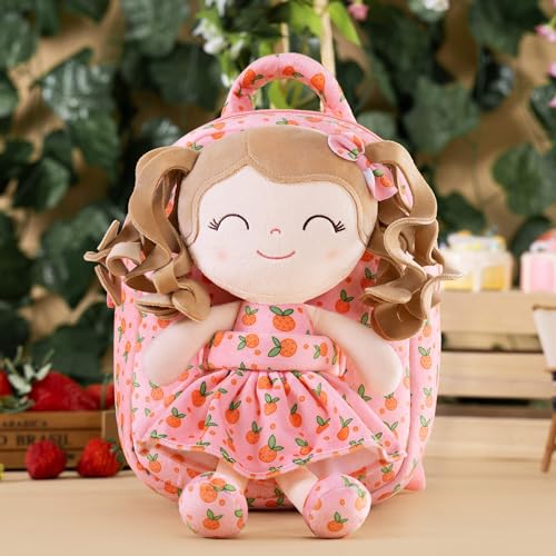 Image of Gloveleya Toddler Backpack Baby Girl Gifts Curly Hair Plush Figures Dress Backpack Kids Backpack Curly Hair Spring Girl Fruit Section-Orange 9inches