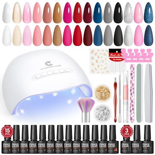 PEACECOLOR Kit Uñas Semipermanentes 31PCS ,15 Colores Esmaltes Semipermanentes para Uñas con Lampara UV Kit Manicura Semipermanente con Mate Top Base Coat Set