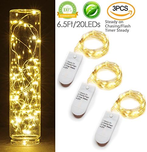 [3-PACK] Twinkle Lights 3 Modes Twinkle String Lights with 20 LED Starry String Lights on 6.5ft Silvery Wire,Fairy Lights Battery Powered by 2xCR2032 for Party,Wedding,Christmas Tabel Decor,Warm White