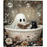 FLZYKGPA Halloween Ghost Bathroom Canvas Wall Art 16x24, Framed Funny Gothic Posters Dark Academia Decor Pictures, Horror Ghost and Black Cat in Bathroom Poster Canvas Prints