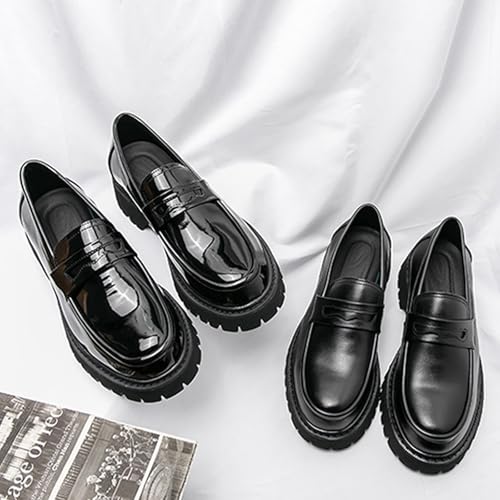 Men's Black Leather Platform Chunky Slip-On Penny Loafers Classic Round Toe Lug Sole Fashion Business Casual Formal Work Shoes2