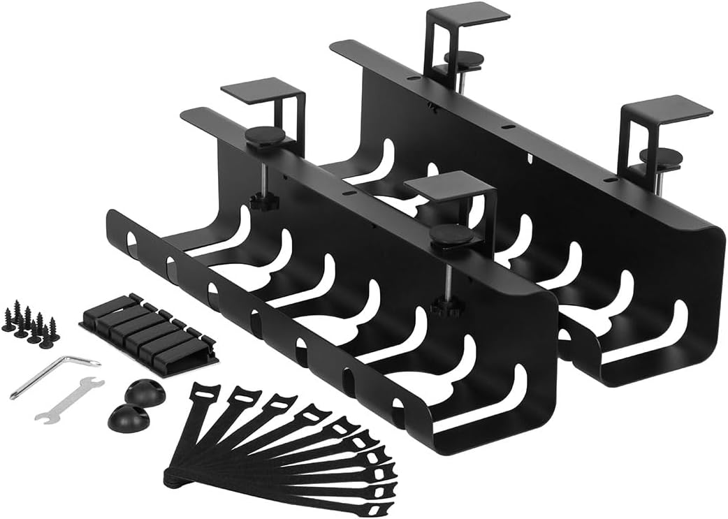 Lannvan Kabelkanal Schreibtisch Set – 2x Kabelwanne, Klemmbar Ohne Bohren, 43x13x12 Cm, Stahl, Inkl. Zubehör – Kabelmanagement Schwarz