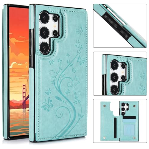 Phone Case for Samsung Galaxy S24 Ultra 5G with Tempered Glass Screen Protector Card Holder Wallet Cover Stand Flip Leather Cell Accessories S24Ultra 24S S 24 24Ultra 2024, 6.8 inch Women Men Green