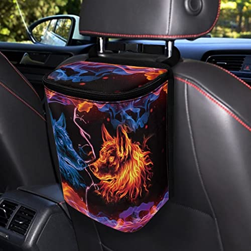 Image of DISNIMO Blue Flame Wolf Car Trash Can, Car Trash Bag Hanging Large Capacity Car Organizer and Storage with Adjustable Straps, Leakproof Trash Bin Interior Car Stuff Storage