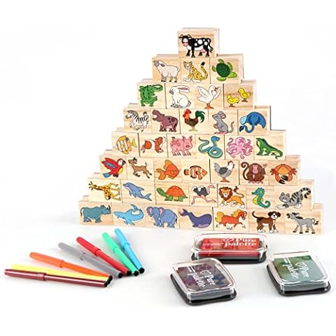 KABENFIS Wooden Stamp Set with 40 Animals Stamps, 7 Markers and 3 Stamp Pads DIY Activity Toy for Girls and Boys Cover