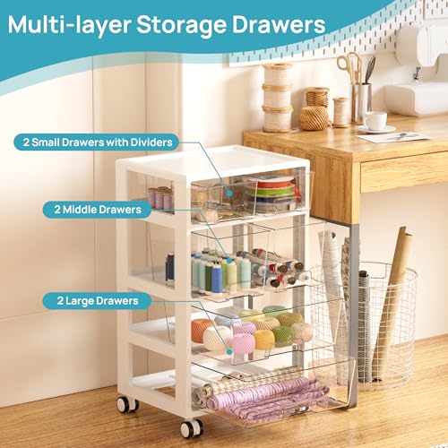 Image of Vtopmart Plastic Drawer Storage Orangizer, 4 Tier 6 Drawers with Wheels for Office Supplies, Art Crafts, Under Desk Storage for Office, Bathroom, Dresser, 1 Pack /Clear