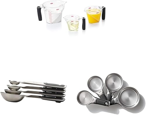 OXO Good Grips - Juego de tazas medidoras en ángulo de 3 piezas, 4 cucharas y tazas medidoras de acero inoxidable, color negro