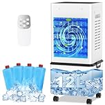 Portable Air Conditioner, 12L Evaporative Air Cooler with Remote, 6 Speeds & 2 Modes, 24H Timer, 45W Energy Saving, Mobile Air Conditioning Unit with Wheels for Home Office Bedroom Kitchen