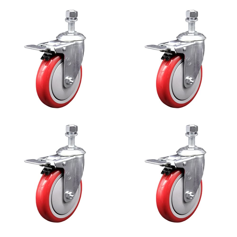 Stainless Steel Polyurethane Swivel Threaded Stem Caster Set of 4 w/5