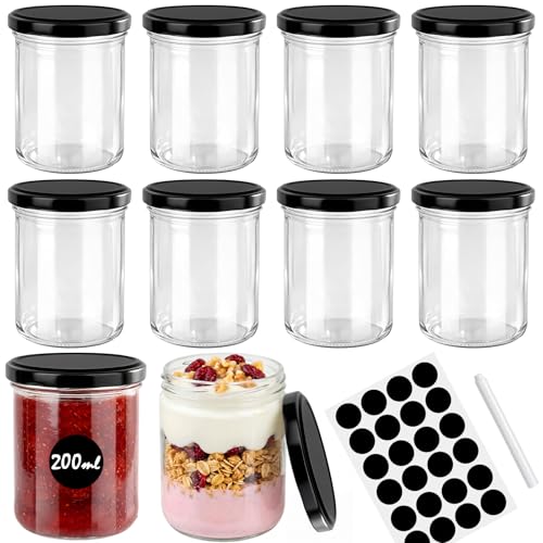 Otauoaea 10 Mini Pot Confiture 200ml, Petit Pot en Verre avec Couvercle à Vis, Bocaux en Verre Conserve avec Étiquettes et Stylos, Bocal Verre Hermétique pour Miel, Yaourt, Conserves