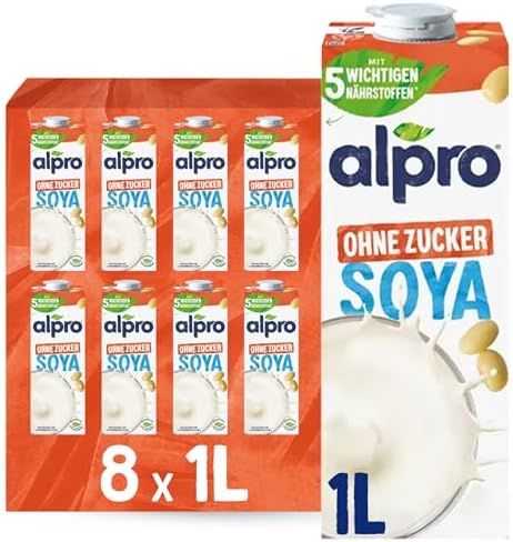 Alpro Sojadrink – Vegan und milchfrei – Von Natur aus laktosefrei und fettarm – Reich an pflanzlichen Proteinen, beinhaltet Calcium und Vitamine – 8 x 1 L – Haltbar