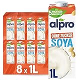 Alpro Sojadrink – Vegan und milchfrei – Von Natur aus laktosefrei und fettarm – Reich an pflanzlichen Proteinen, beinhaltet Calcium und Vitamine – 8 x 1 L – Haltbar