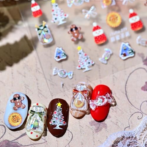 Image of Christmas Nail Stickers for Nail Art Xmas Tree Nail Decals Shiny Design Candy Bow Nails Art Decals Design 5D Embossed Self Adhesive for Women Girls Manicure DIY Decoration